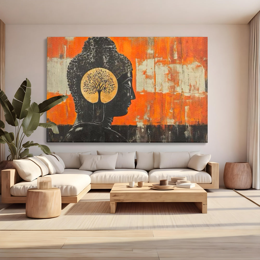 Tablou canvas cu tablou canvas cu profilul lui buddha, fara rama, pe sasiu de lemn, pe perete intr-un living